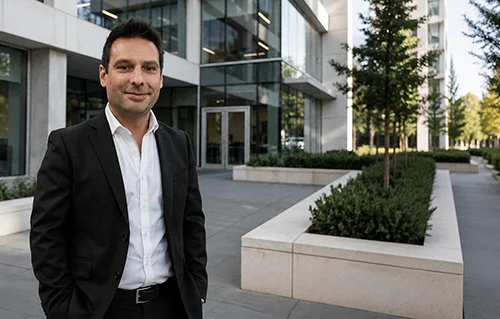 Mirko Miesen, Geschäftsführer der SwissMiCo GmbH, vor einem modernen Bürogebäude
